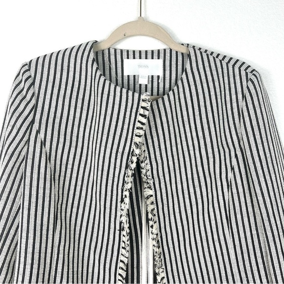 HUGO BOSS Black & White Striped KOMINA Fringe Trim Collarless Jacket size 8 - Picture 6 of 10